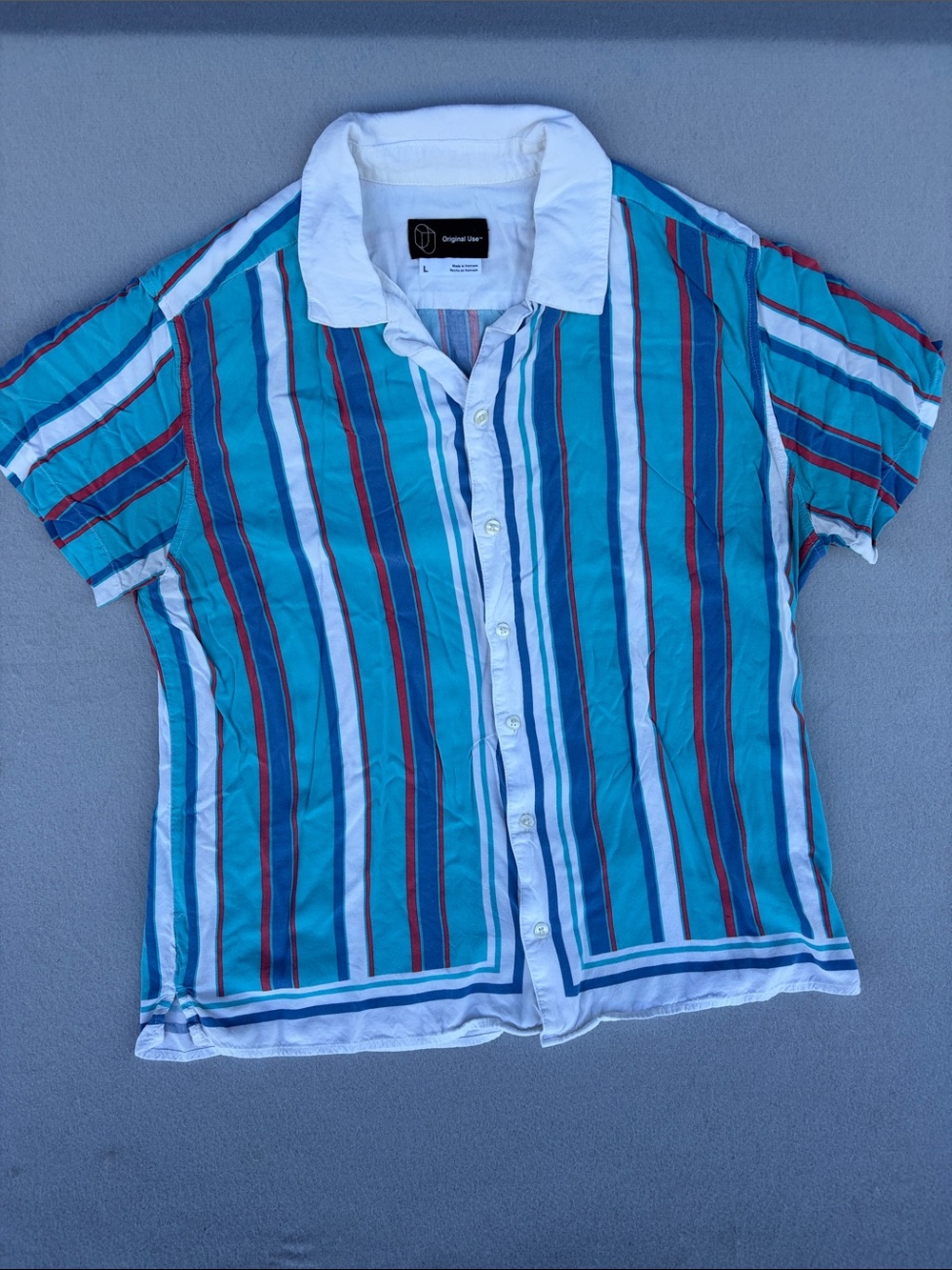 Original Use Turquoise, White & Red Striped Short-Sleeve Button-Down Shirt